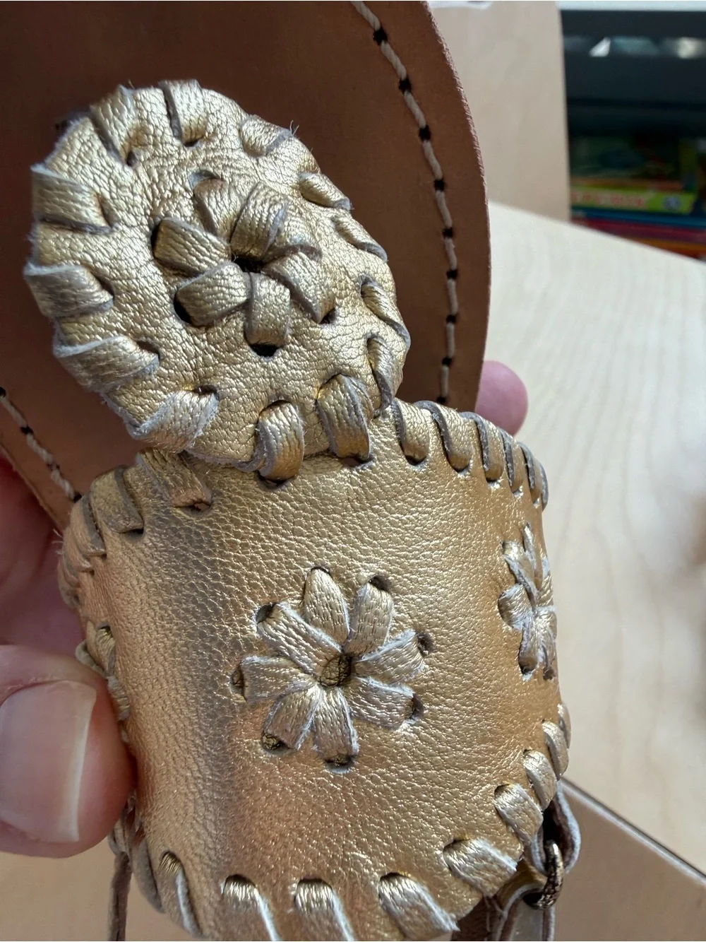 Jack Rogers Gold Leather Floral T-Strap Sandals - Kids